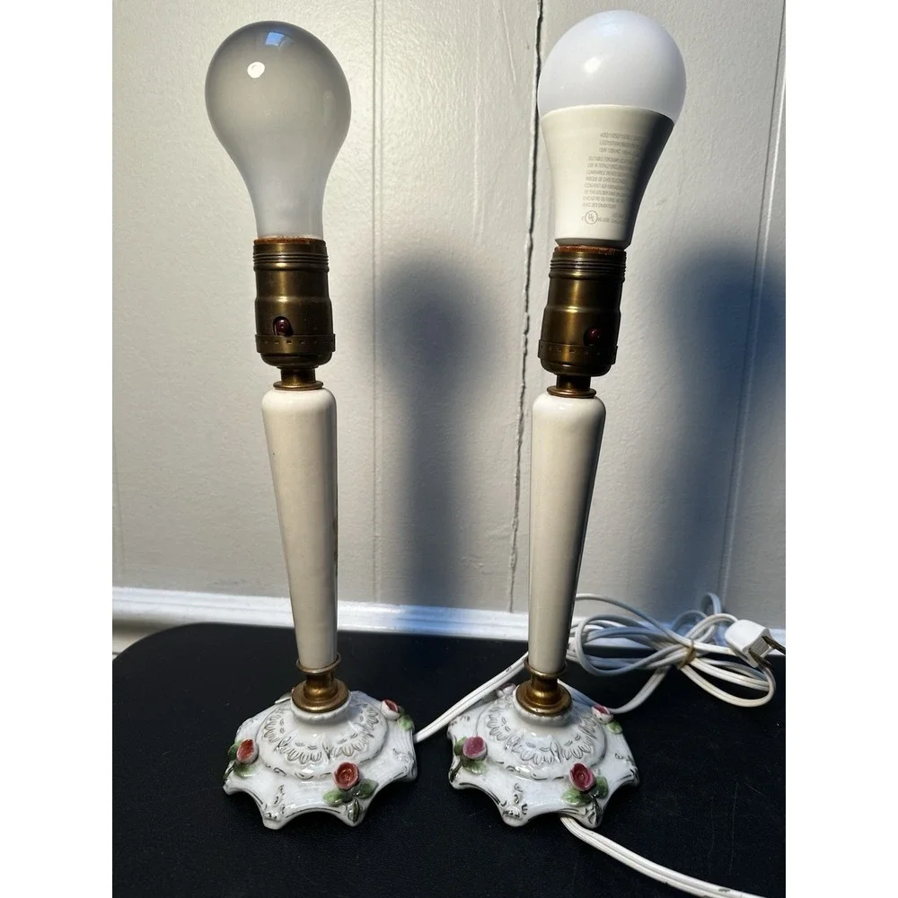 Vintage Porcelain Boudoir‎ Table Lamps Floral Rose Gold Accent Pair Working
